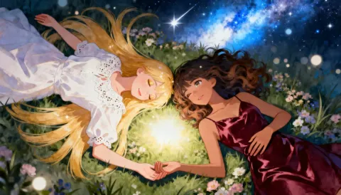 Starlit meadow dream — Two original illustrated travelers resting in a flower meadow under a starry sky, warm glowing light between them.