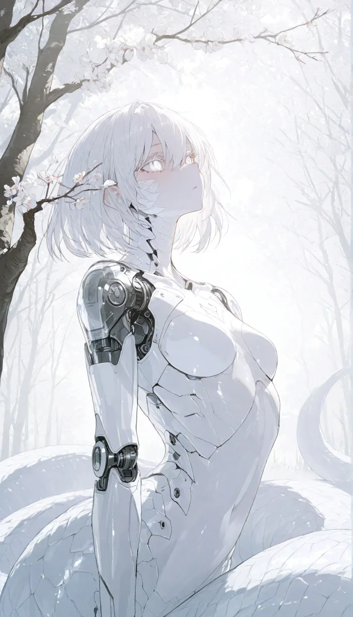 White mechanical figure in snow — White mechanical figure in snow. An imaginative character study with distinctive materials, expressive posture and cinematic lighting. Create a…