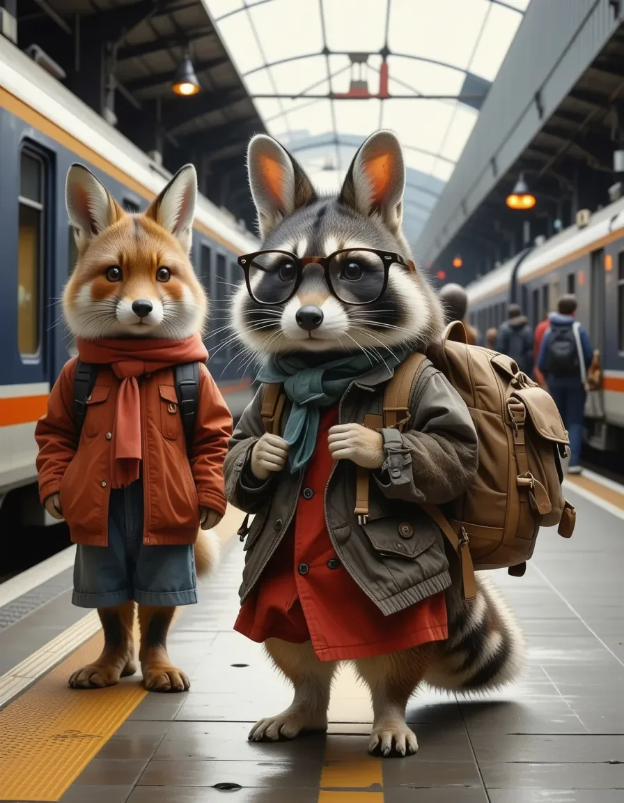 Rabbit and raccoon at a train station — Rabbit and raccoon at a train station. An imaginative character study with distinctive materials, expressive posture and cinematic…