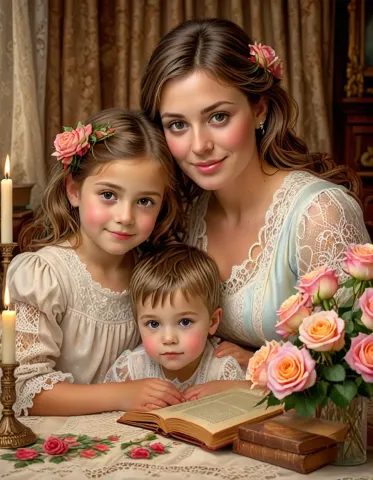 Family portrait with roses and books — Family portrait with roses and books. Natural photographic detail, balanced composition, expressive light and clear subject separation.…