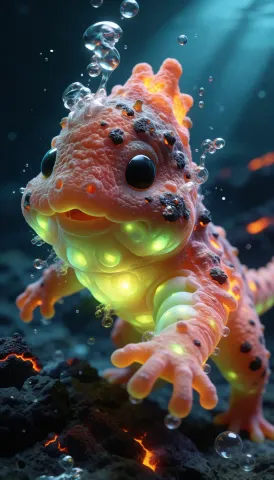 Bubble salamander — A tiny orange fantasy salamander underwater with glowing green belly and floating bubbles, vivid macro detail.