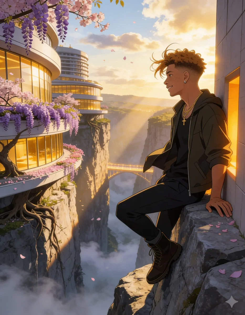 Sunset balcony above a futuristic canyon — Sunset balcony above a futuristic canyon. Expressive illustration, harmonious colors, a clear focal point and carefully arranged…
