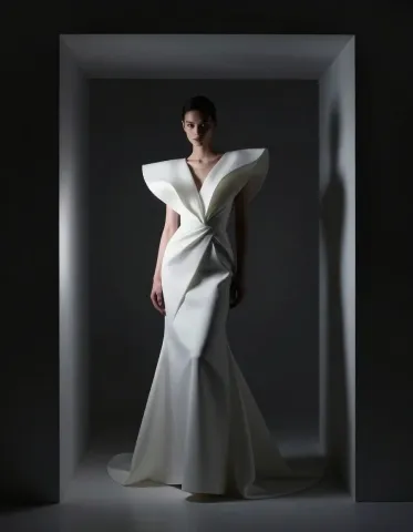 Sculptural white gown — A model in a sculptural white gown framed by a dark doorway, angular shoulders and restrained fashion lighting.