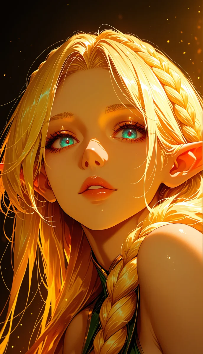 Golden elf — An original golden-haired elf with turquoise eyes lit by warm glowing sunlight, expressive fantasy animation style.