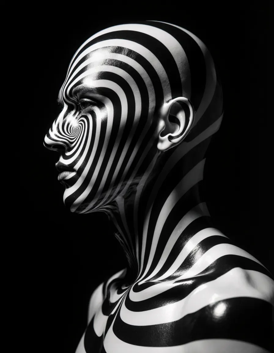 Optical stripe sculpture — A surreal monochrome sculpture of a human head covered in flowing black and white optical stripes, sculptural contours, polished surface, dramatic side…