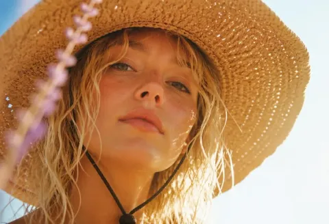 Summer straw hat — A sunlit portrait beneath a wide straw hat, lavender flowers in the foreground, hazy golden summer colors.