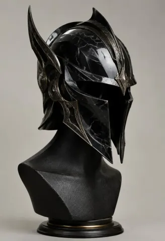 Black bird helmet — A glossy black bird-shaped helmet displayed on a dark mannequin bust, curved gold details and clean studio background.