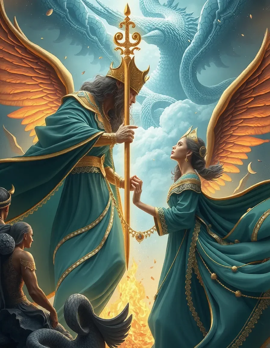 Winged guardians and a golden staff — Winged guardians and a golden staff. Expressive illustration, harmonious colors, a clear focal point and carefully arranged details. Create…