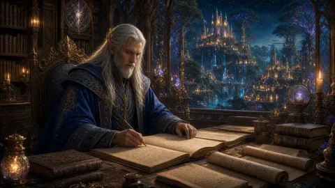 Wizard reading in a starry library — Wizard reading in a starry library. An imaginative character study with distinctive materials, expressive posture and cinematic lighting.…