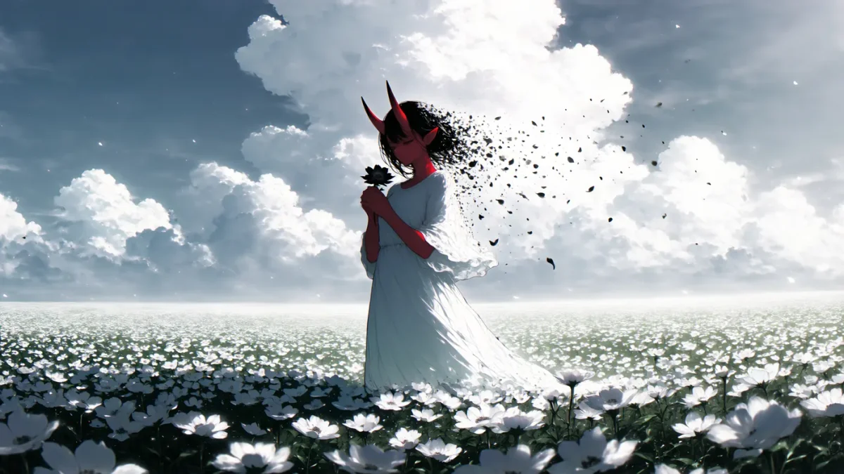 Flower-field breeze — A figure in a flowing pale dress standing in a vast white flower field under dramatic clouds, scattered petals.