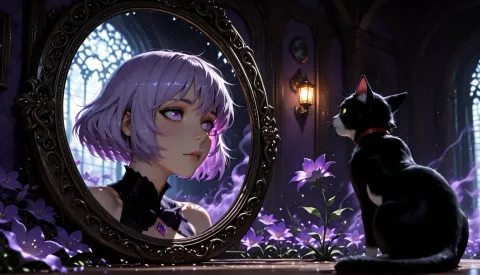 Magical mirror with a black cat — Magical mirror with a black cat. Expressive illustration, harmonious colors, a clear focal point and carefully arranged details. Create a new…