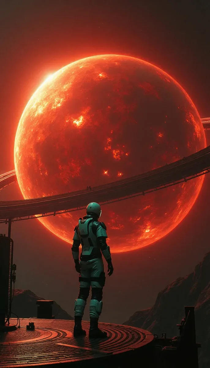 Astronaut facing a red planet — Astronaut facing a red planet. An atmospheric environment with layered depth, coherent lighting and rich environmental detail. Create a new…