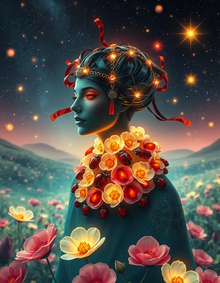 Celestial flower crown — Celestial flower crown. Expressive illustration, harmonious colors, a clear focal point and carefully arranged details. Create a new interpretation…