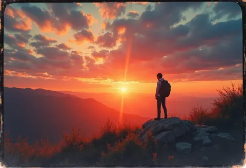 Hiker watching a mountain sunset — Hiker watching a mountain sunset. An atmospheric environment with layered depth, coherent lighting and rich environmental detail. Create a new…