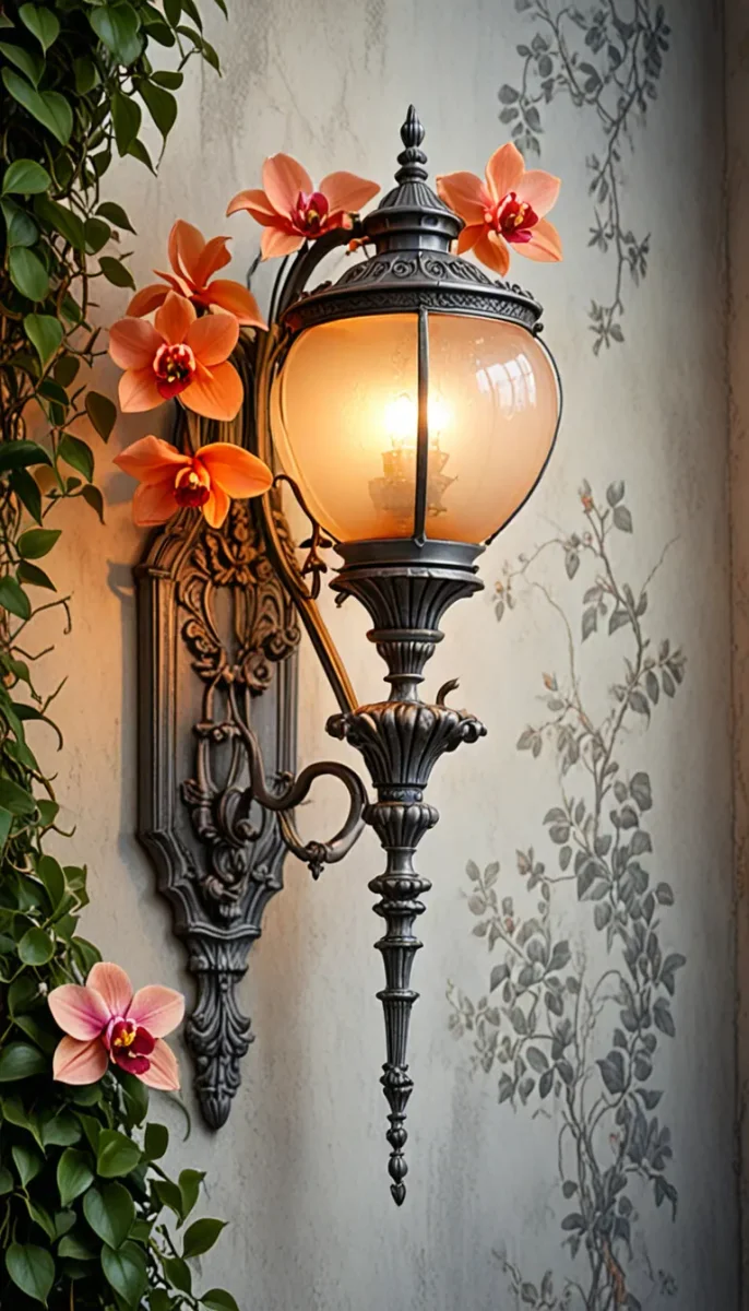 Ornate wall lantern with flowers — Ornate wall lantern with flowers. A carefully composed still life with clear material textures, controlled lighting and a clean focal point.…