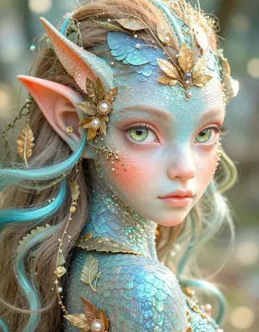 Sea-glass elf — An original elf with turquoise scales, golden leaf ornaments and pale flowing hair, soft woodland light.