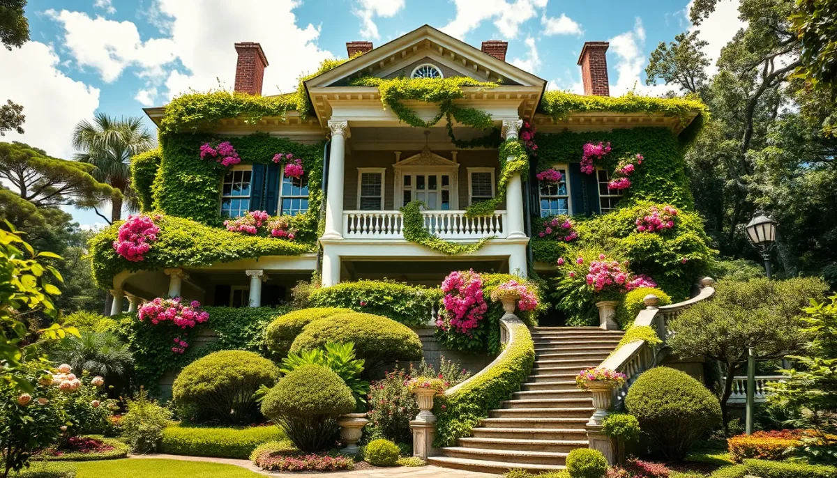 Green garden manor — Green garden manor. An atmospheric environment with layered depth, coherent lighting and rich environmental detail. Create a new interpretation, without…