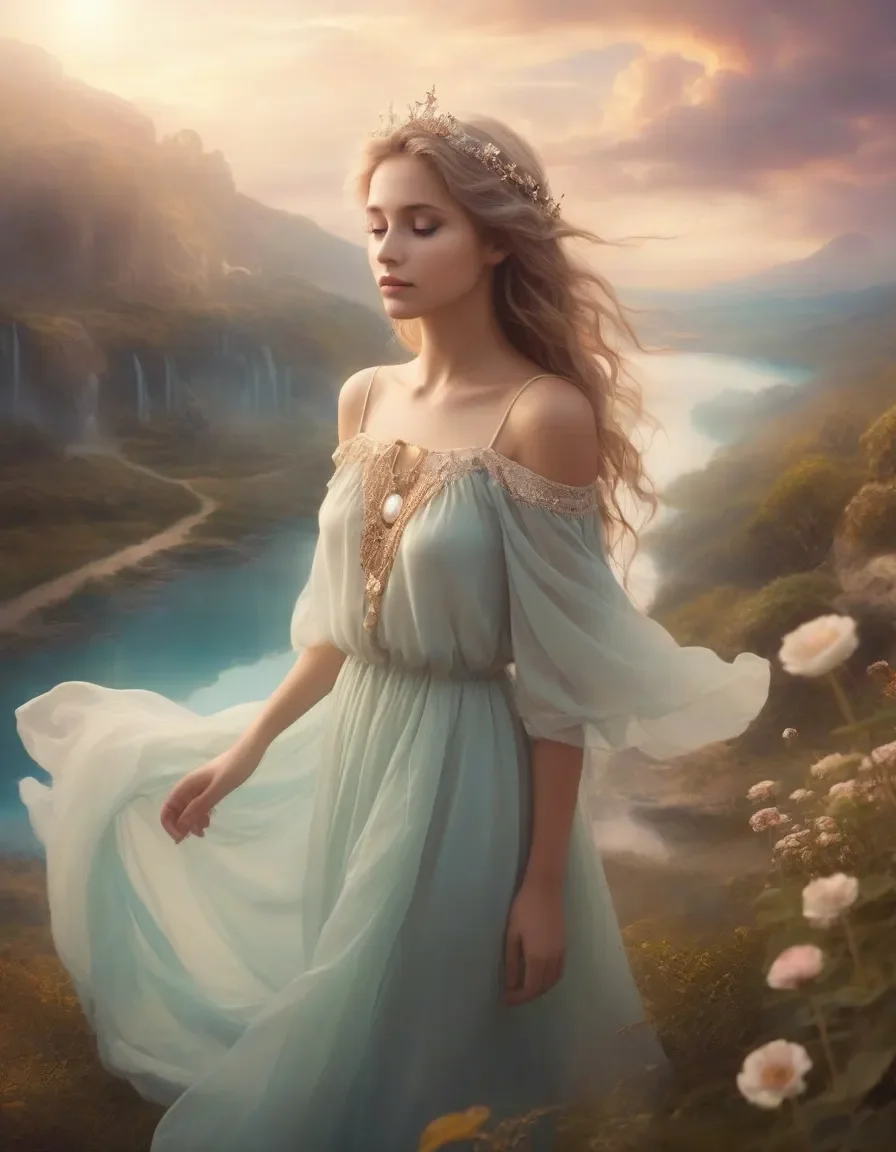 White gown above a tranquil lake — White gown above a tranquil lake. Expressive illustration, harmonious colors, a clear focal point and carefully arranged details. Create a new…
