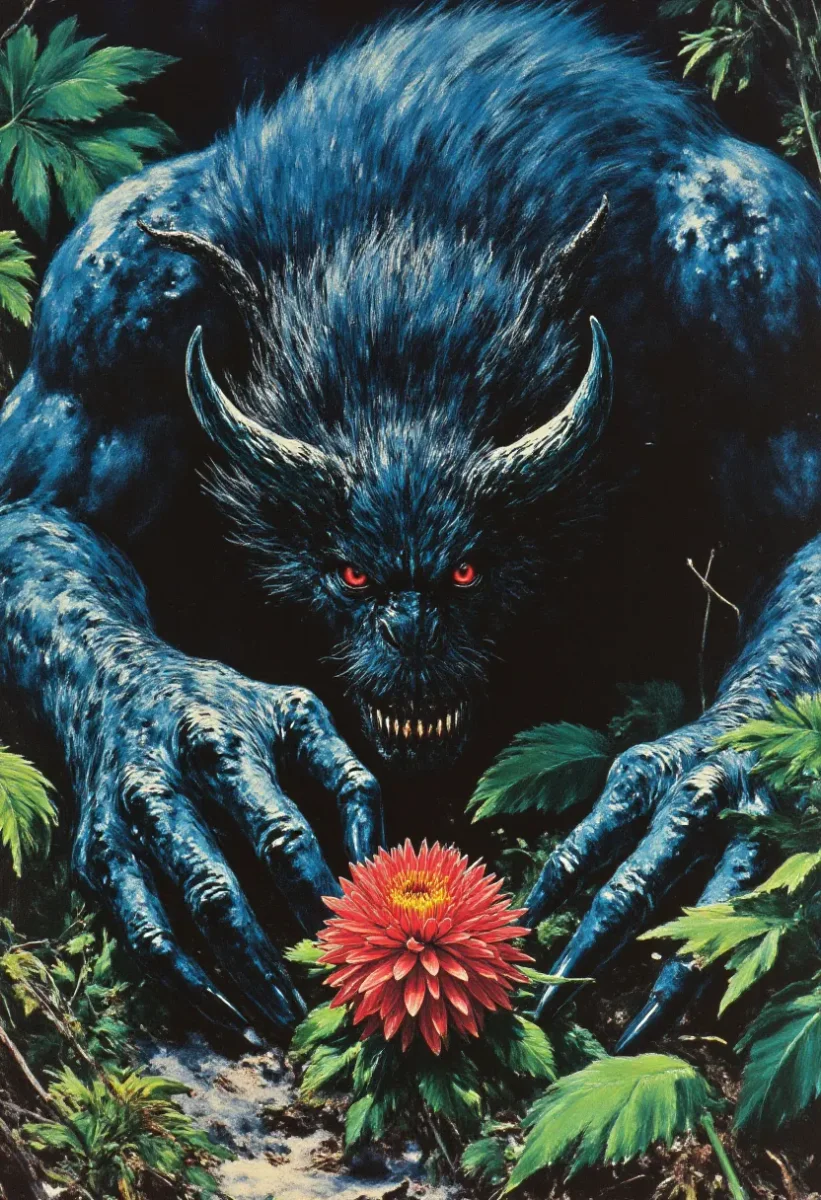 Forest giant and flower — An original blue-furred forest beast gently leaning toward a small orange flower, lush foliage and painted textures.