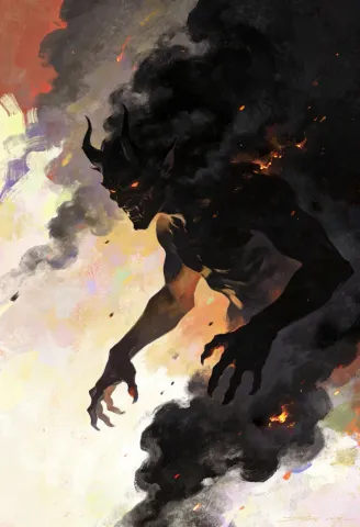 Smoke creature — An original shadow creature forming from black smoke and glowing embers, energetic painterly strokes.