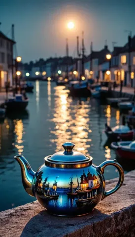 Blue teapot beside a moonlit harbor — Blue teapot beside a moonlit harbor. A carefully composed still life with clear material textures, controlled lighting and a clean focal…