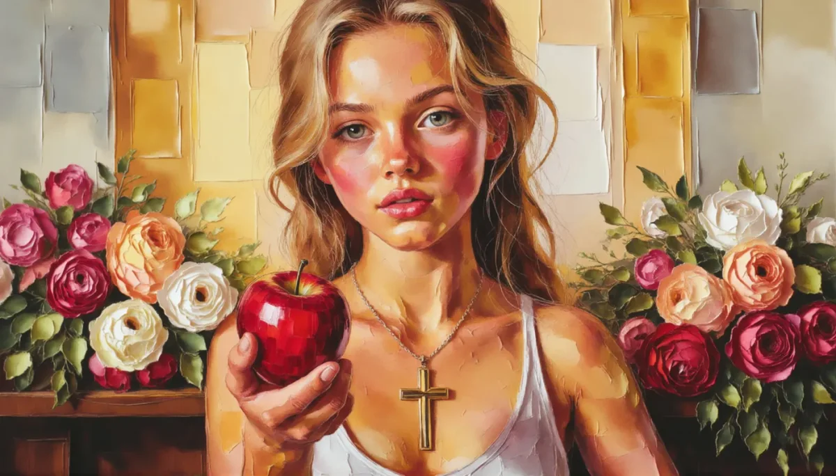 Apple and roses painted portrait — Apple and roses painted portrait. Expressive illustration, harmonious colors, a clear focal point and carefully arranged details. Create a new…