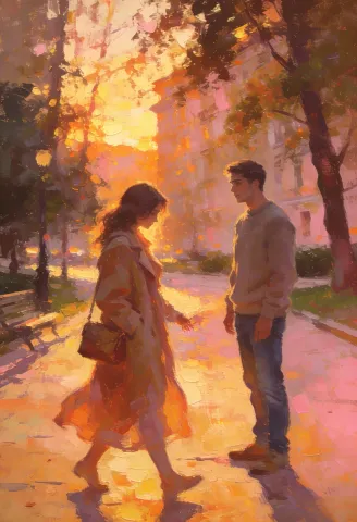 Autumn meeting — Two people meeting on an autumn park path, golden leaves and peach sunlight, soft painterly brushwork.