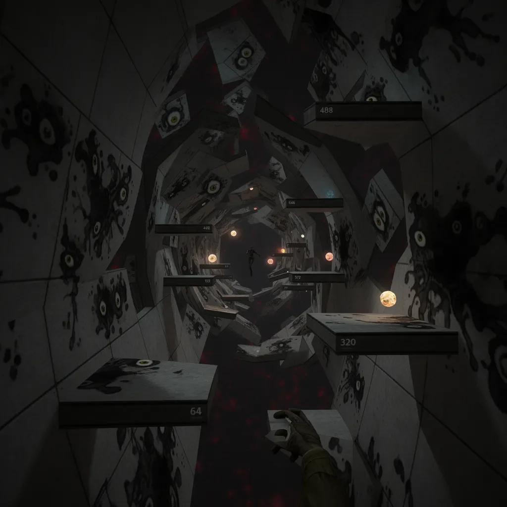 Impossible hallway — A dark surreal corridor with floating furniture and repeating doorways, complex geometric perspective.