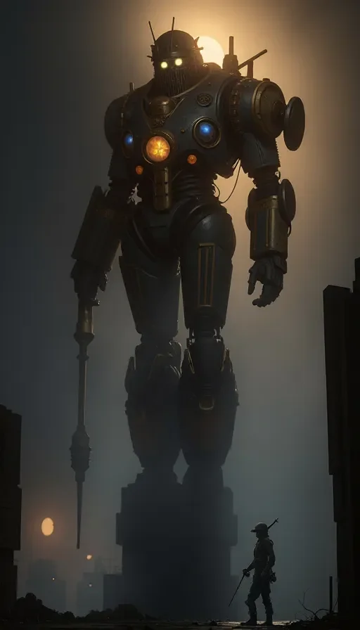 Towering robot — A towering original industrial robot with amber lights in a misty city, a small human silhouette for scale, dark metal textures, cinematic science-fiction…