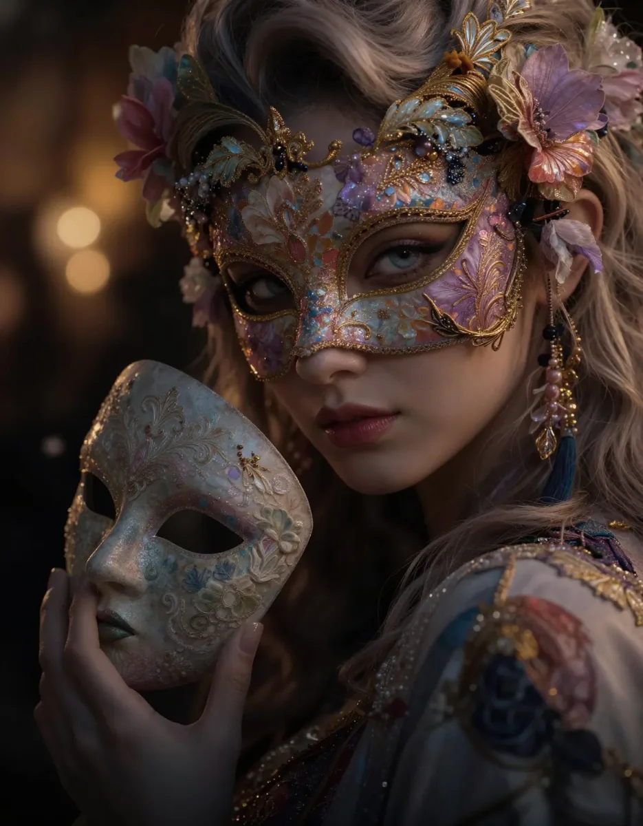 Venetian masks — An ornate masquerade portrait with gilded floral masks and layered embroidered fabric, warm shallow-focus lights.