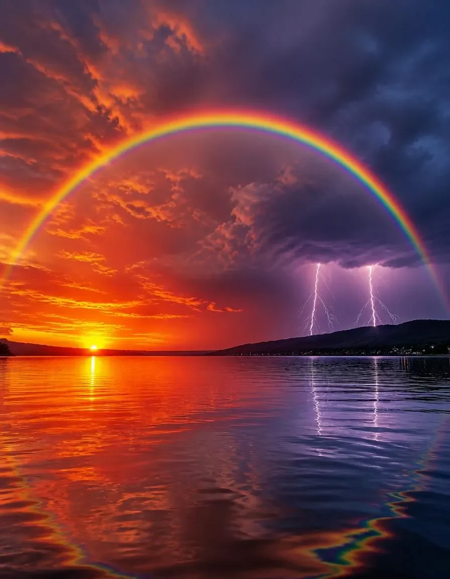 Rainbow storm — A vivid rainbow over a calm sea at sunset, orange horizon and purple lightning clouds reflected in the water.