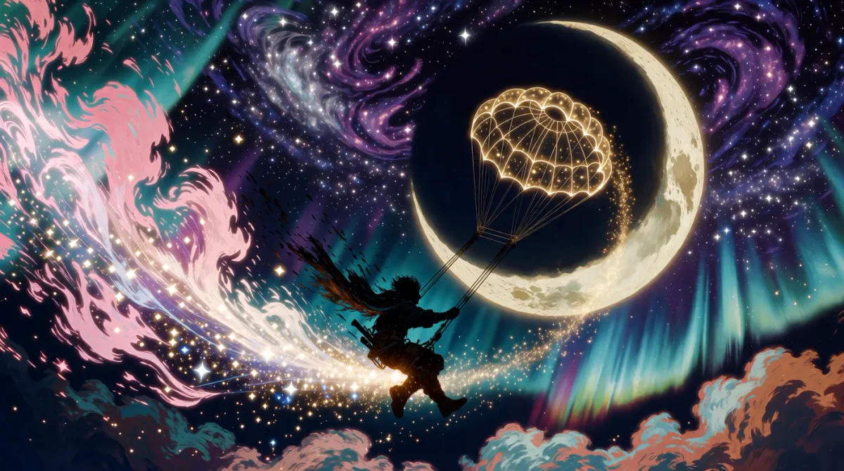 Cosmic crescent — A vast crescent moon above colorful cosmic waves, a glowing jellyfish and tiny traveler silhouettes, dreamlike fantasy.