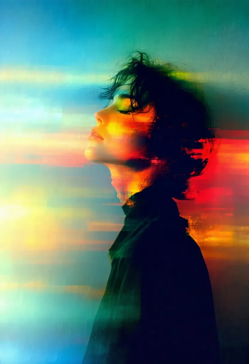 Chromatic motion — A profile portrait blurred with horizontal bands of orange teal and yellow light, experimental long-exposure effect.