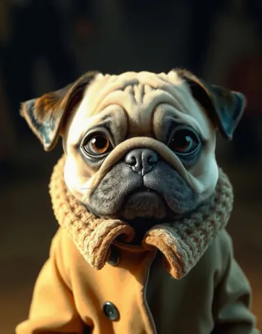 Pug in a wool collar — Pug in a wool collar. An expressive animal portrait, detailed fur or surface texture, a clear focal point and harmonious surroundings. Create a new…
