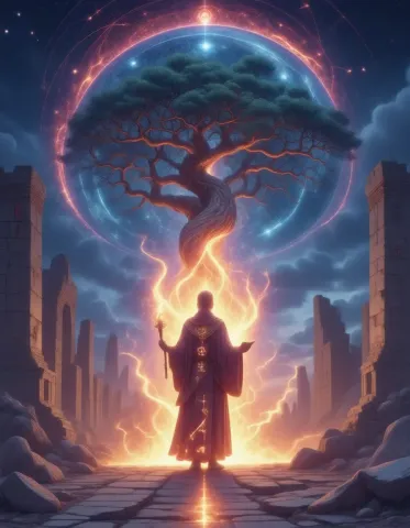 Cosmic tree above an ancient city — Cosmic tree above an ancient city. Expressive illustration, harmonious colors, a clear focal point and carefully arranged details. Create a…