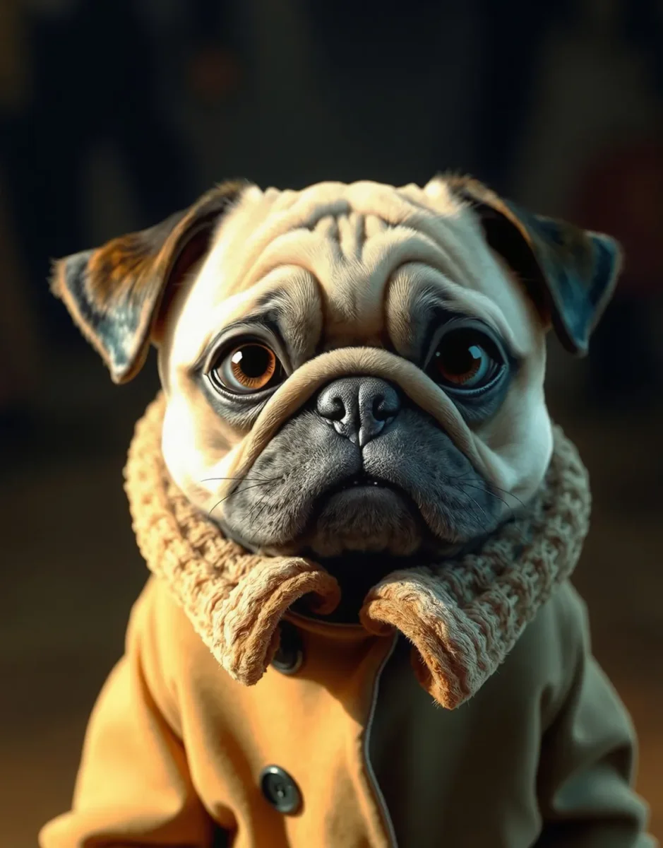 Pug in a wool collar — Pug in a wool collar. An expressive animal portrait, detailed fur or surface texture, a clear focal point and harmonious surroundings. Create a new…