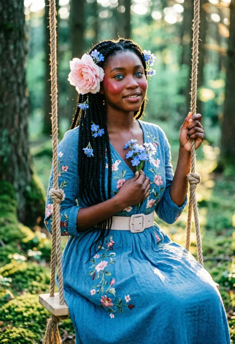 Forest swing portrait — A smiling adult woman in a flowing blue dress sitting on a rope swing in a sunlit forest, flowers woven into braided hair, soft green bokeh, natural…