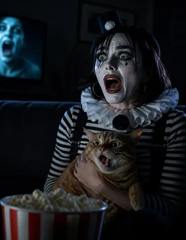 Movie-night cat — A surprised theatrical mime holding a wide-eyed cat and a popcorn bucket in a dark cinema, humorous scene.