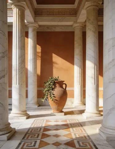Sunlit colonnade — A terracotta vase with leafy branches in a classical marble colonnade, warm sunlight and geometric floor shadows.