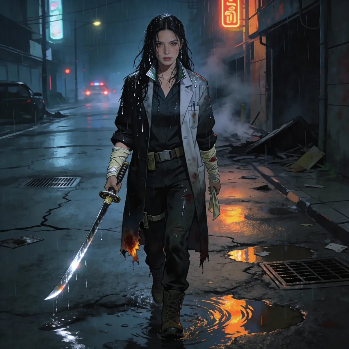 Night alley swordswoman — Night alley swordswoman. An imaginative character study with distinctive materials, expressive posture and cinematic lighting. Create a new…