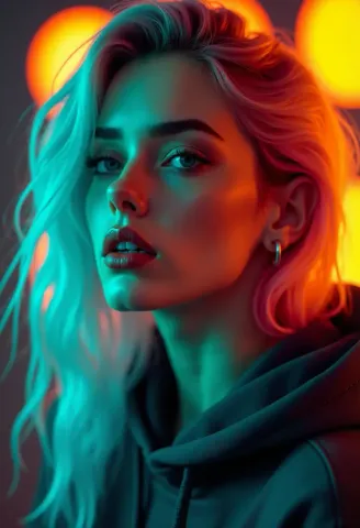 Orange and cyan neon portrait — Orange and cyan neon portrait. Natural photographic detail, balanced composition, expressive light and clear subject separation. Create a new…