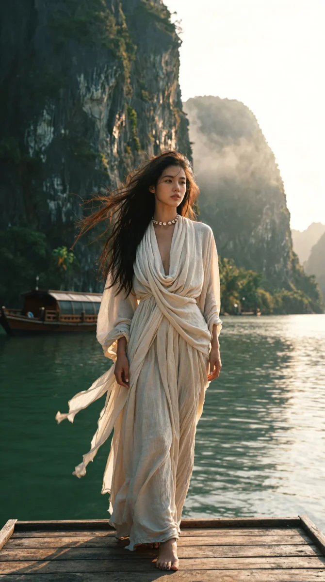 Ivory gown on a lakeside raft — Ivory gown on a lakeside raft. Natural photographic detail, balanced composition, expressive light and clear subject separation. Create a new…