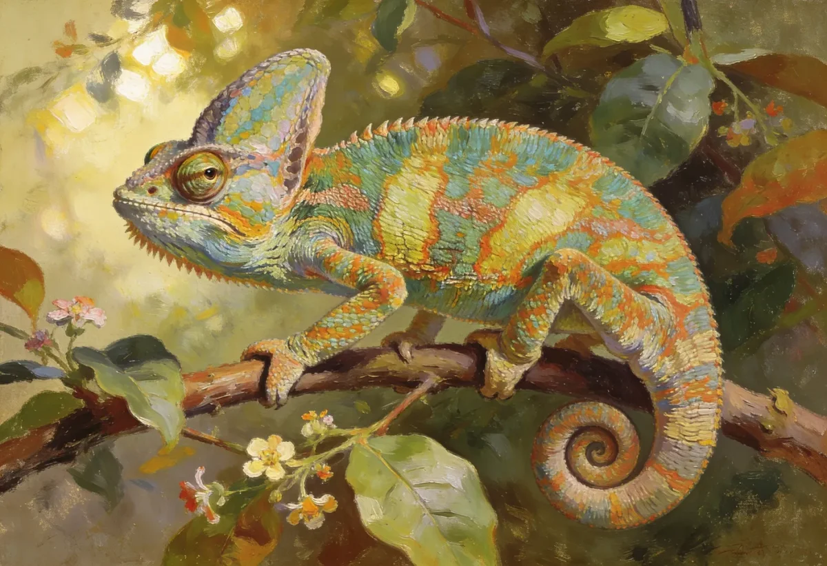 Golden chameleon — A chameleon with orange and turquoise scales on a flowering branch, warm botanical illustration.