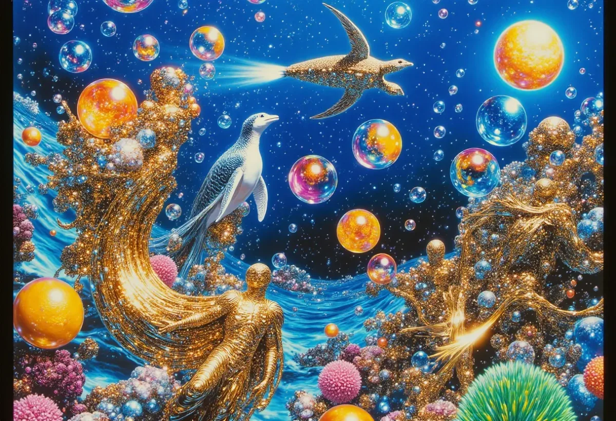Golden coral cosmic ocean — Golden coral cosmic ocean. Expressive illustration, harmonious colors, a clear focal point and carefully arranged details. Create a new…