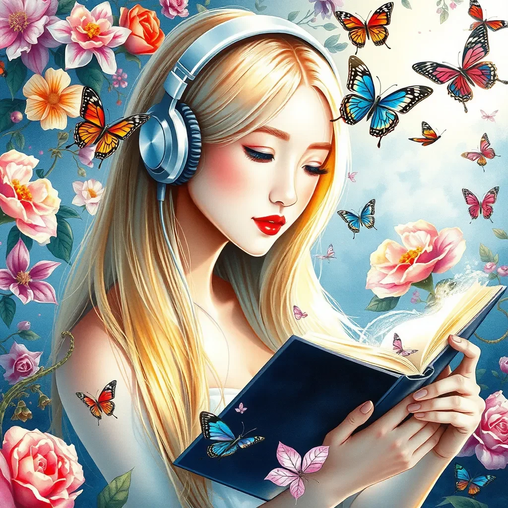 Reading with blue headphones and butterflies — Reading with blue headphones and butterflies. Expressive illustration, harmonious colors, a clear focal point and carefully…