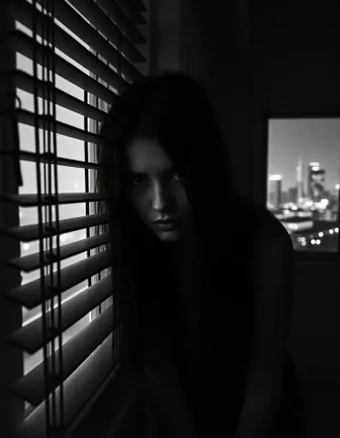 Noir window portrait — A monochrome portrait beside window blinds at night, long dark hair, bands of light and shadow, distant city lights, intimate noir atmosphere.