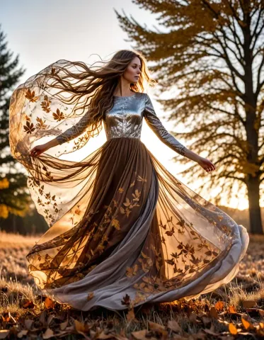 Autumn gown in motion — Autumn gown in motion. Natural photographic detail, balanced composition, expressive light and clear subject separation. Create a new interpretation…