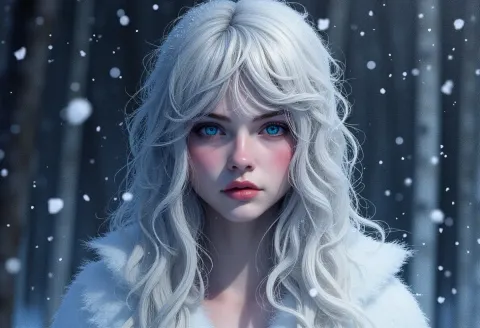 White haired snowy forest portrait — White haired snowy forest portrait. Expressive illustration, harmonious colors, a clear focal point and carefully arranged details. Create a…