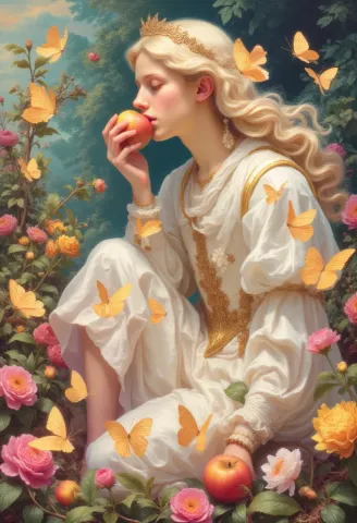 Golden haired fairy with apples — Golden haired fairy with apples. Expressive illustration, harmonious colors, a clear focal point and carefully arranged details. Create a new…