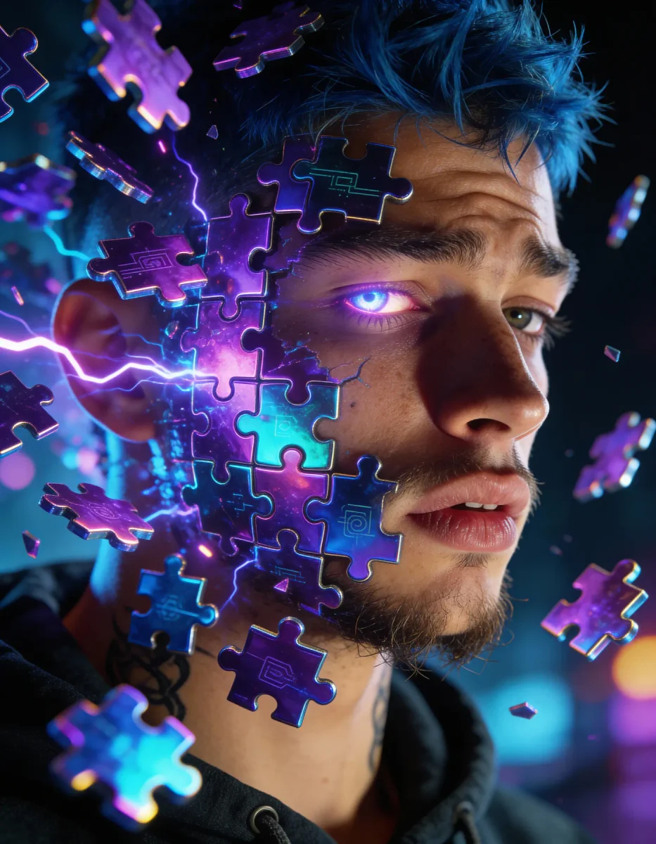 Face made of electric puzzle pieces — Face made of electric puzzle pieces. Expressive illustration, harmonious colors, a clear focal point and carefully arranged details. Create…
